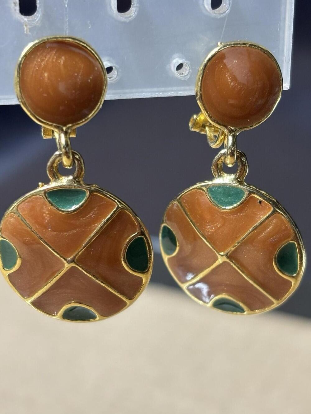Vintage 70s 80s Enameled Drop Earrings Caramel Tan Green Geometric Clip On